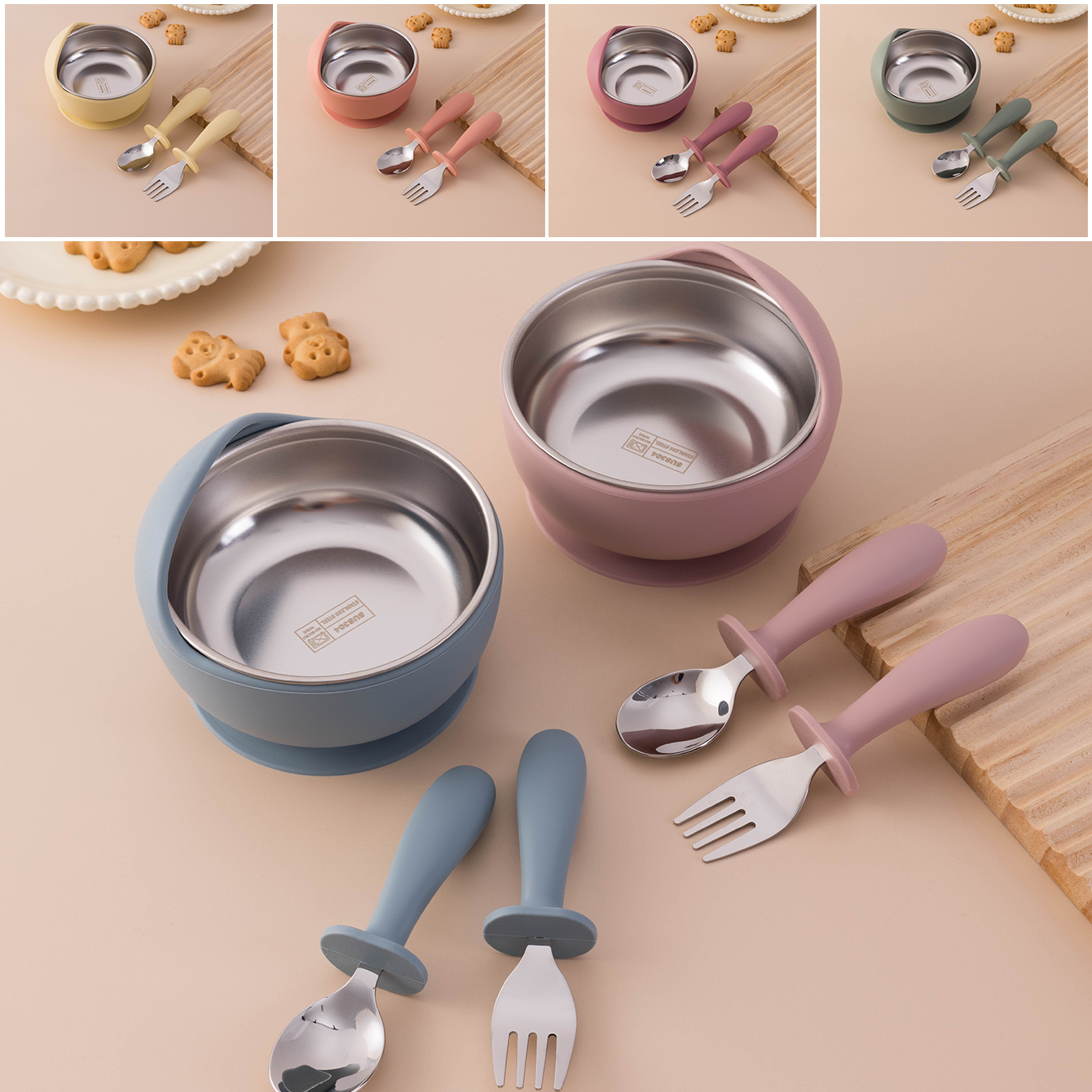 Baby Food Utensils Set - Color Kids 3PCS Stainless Steel Silicone